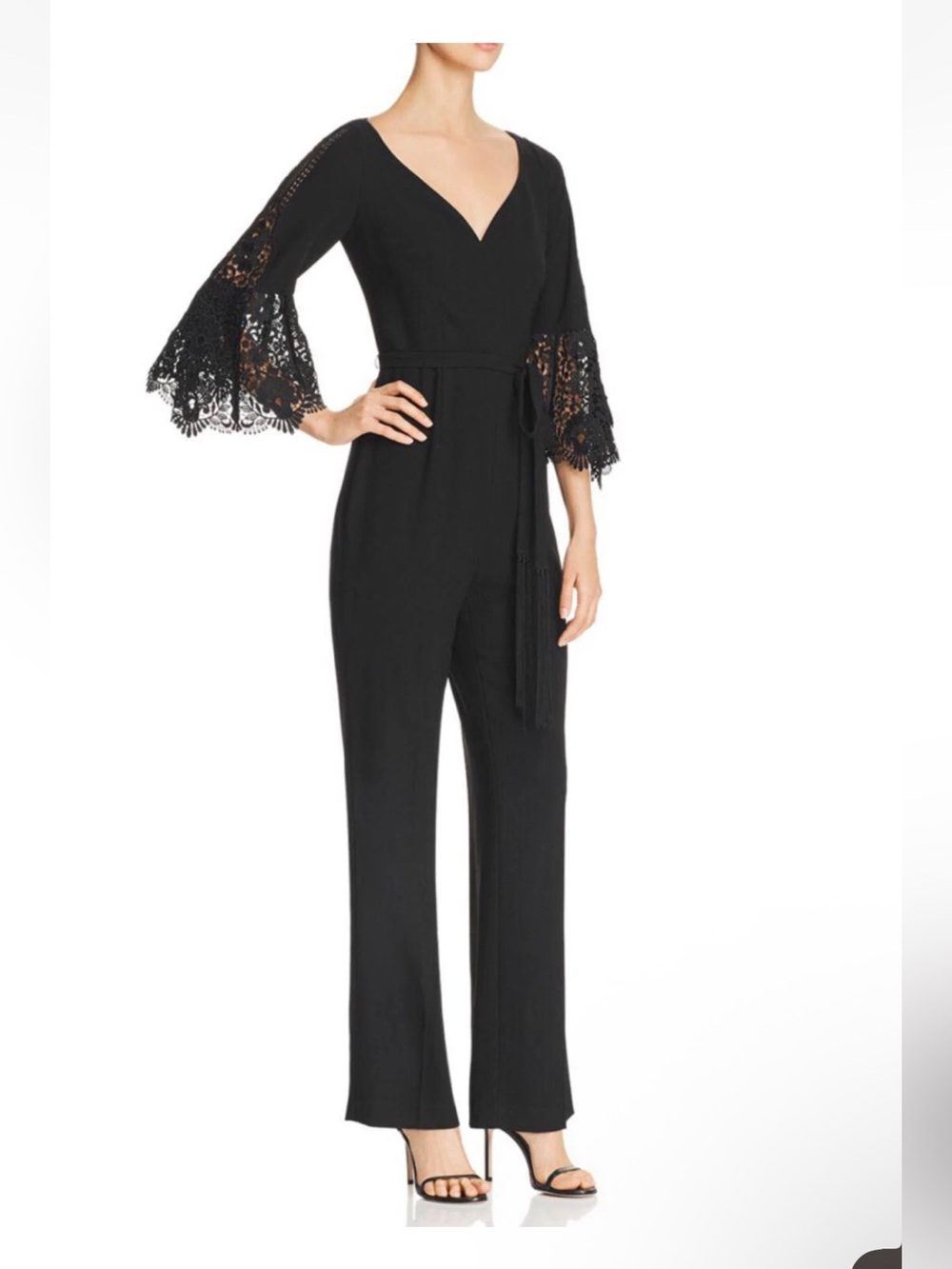 Elie Tahari Black V-Neck Jumpsuit with Lace Bell Sleeves
